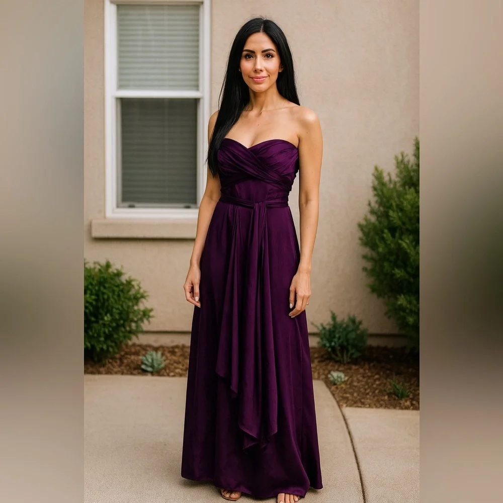 David Meister Purple Satin Regencycore Strapless Cocktail Midi Dresss Size 4 - Picture 15 of 15